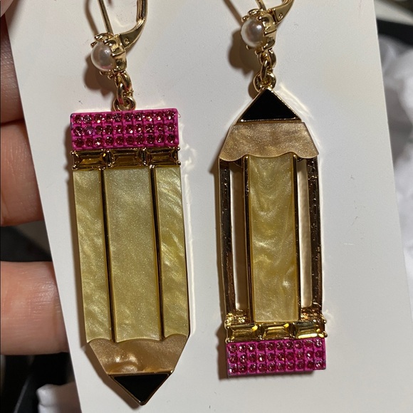 Betsey Johnson School Teacher Yellow Pencil Dangly Earrings - Picture 3 of 5